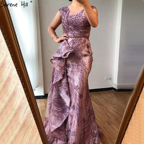 Vestidos de noche de sirena rosa de Dubai sin mangas, vestidos de fiesta de encaje con cuentas y cuello redondo de alta gama 2025 LA70669 