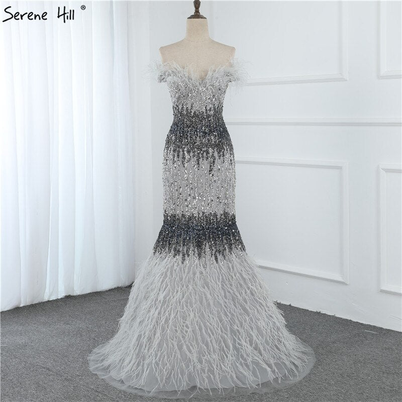Dubai Pink Sexy Mermaid Evening Dresses Design Luxury Crystal Feathers Sleeveless Formal Gowns 2025 LA70242