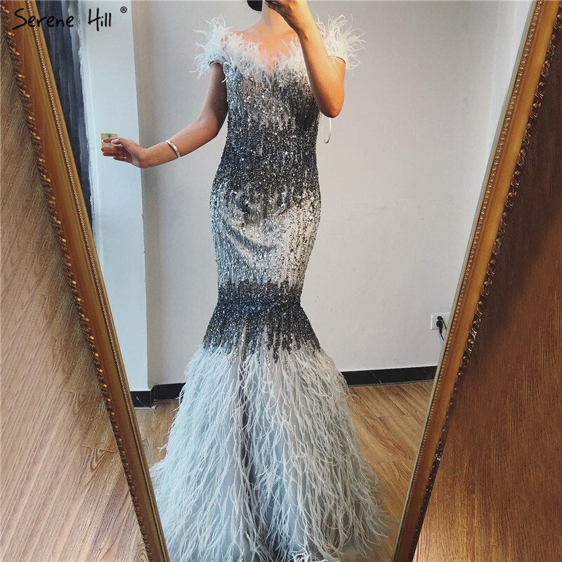 Dubai Pink Sexy Mermaid Evening Dresses Design Luxury Crystal Feathers Sleeveless Formal Gowns 2025 LA70242