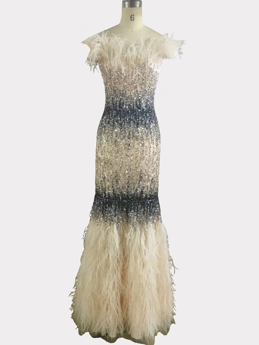 Dubai Pink Sexy Mermaid Evening Dresses Design Luxury Crystal Feathers Sleeveless Formal Gowns 2025 LA70242