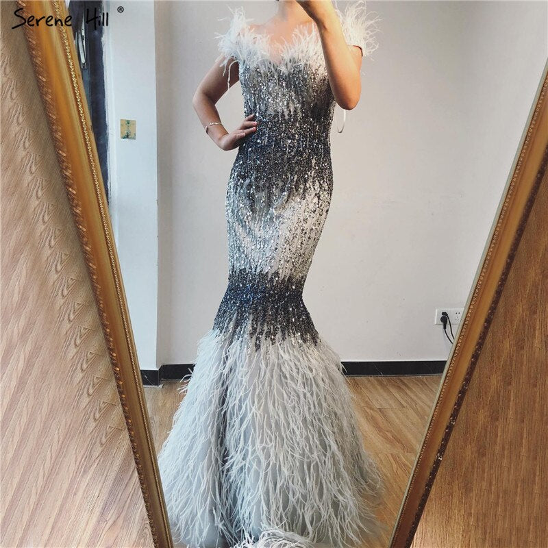 Dubai Pink Sexy Mermaid Evening Dresses Design Luxury Crystal Feathers Sleeveless Formal Gowns 2025 LA70242