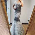 Dubai Pink Sexy Mermaid Evening Dresses Design Luxury Crystal Feathers Sleeveless Formal Gowns 2025 LA70242