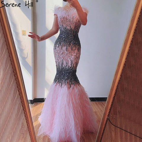 Dubai Pink Sexy Mermaid Evening Dresses Design Luxury Crystal Feathers Sleeveless Formal Gowns 2025 LA70242