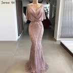 Dubai Pink V-Neck Pearls Lace Evening Gowns 2025 Half Sleeves Mermaid Sexy Elegant  Formal Evening Dresses LA70156