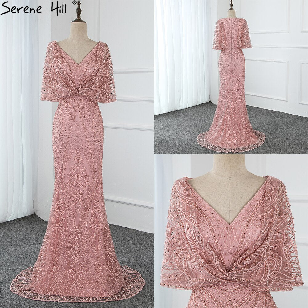 Dubai Pink V-Neck Pearls Lace Evening Gowns 2025 Half Sleeves Mermaid Sexy Elegant  Formal Evening Dresses LA70156
