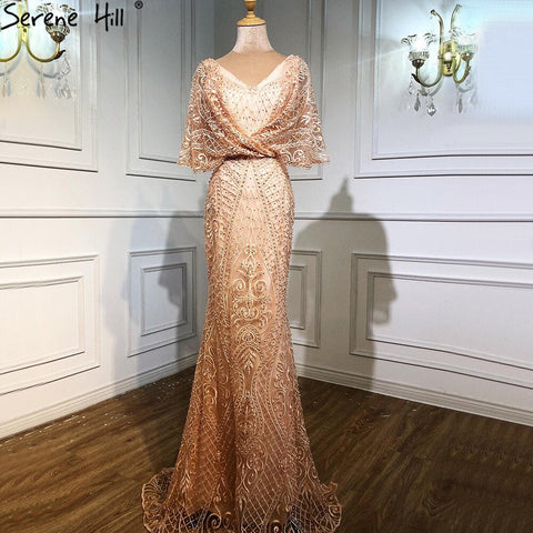 Vestidos de noche de encaje con perlas y escote en V rosa Dubai 2025, corte sirena, manga corta, sexys y elegantes, modelo LA70156 