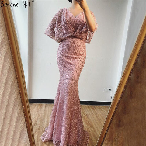 Vestidos de noche de encaje con perlas y escote en V rosa Dubai 2025, corte sirena, manga corta, sexys y elegantes, modelo LA70156 