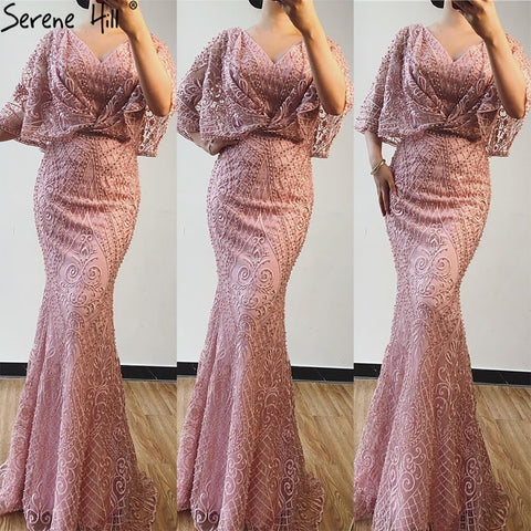 Vestidos de noche de encaje con perlas y escote en V rosa Dubai 2025, corte sirena, manga corta, sexys y elegantes, modelo LA70156 
