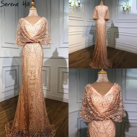 Vestidos de noche de encaje con perlas y escote en V rosa Dubai 2025, corte sirena, manga corta, sexys y elegantes, modelo LA70156 