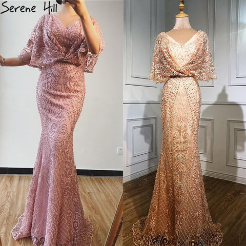 Vestidos de noche de encaje con perlas y escote en V rosa Dubai 2025, corte sirena, manga corta, sexys y elegantes, modelo LA70156 