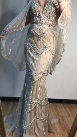 Vestido de noche sexy estilo sirena con escote en V color púrpura de Dubái, sin mangas, con chal de hilo y plumas, modelo LA70171A 