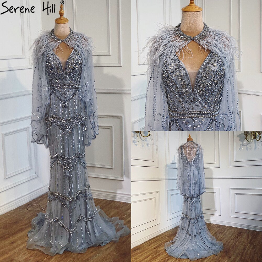 Dubai Purple V-Neck Mermaid Sexy Evening Dresses 2025 Sleeveless Shawl Yarn Feathers Formal Dress LA70171A