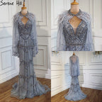 Dubai Purple V-Neck Mermaid Sexy Evening Dresses 2025 Sleeveless Shawl Yarn Feathers Formal Dress LA70171A