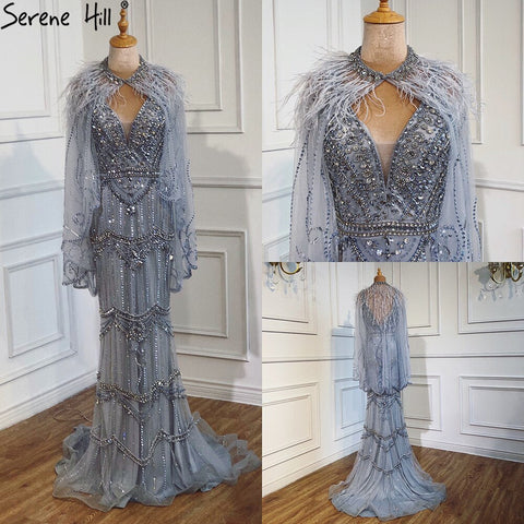 Vestido de noche sexy estilo sirena con escote en V color púrpura de Dubái, sin mangas, con chal de hilo y plumas, modelo LA70171A 