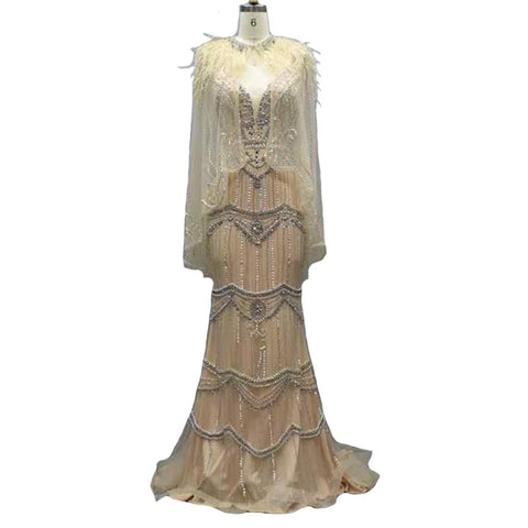 Vestido de noche sexy estilo sirena con escote en V color púrpura de Dubái, sin mangas, con chal de hilo y plumas, modelo LA70171A 