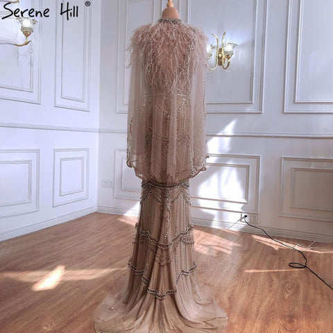 Vestido de noche sexy estilo sirena con escote en V color púrpura de Dubái, sin mangas, con chal de hilo y plumas, modelo LA70171A 