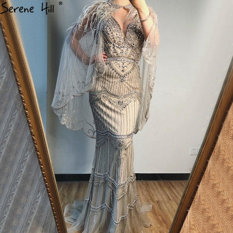 Vestido de noche sexy estilo sirena con escote en V color púrpura de Dubái, sin mangas, con chal de hilo y plumas, modelo LA70171A 