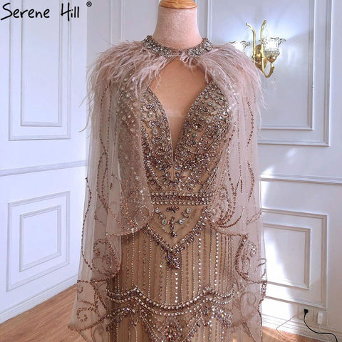 Vestido de noche sexy estilo sirena con escote en V color púrpura de Dubái, sin mangas, con chal de hilo y plumas, modelo LA70171A 