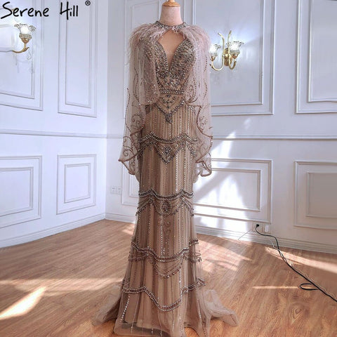 Vestido de noche sexy estilo sirena con escote en V color púrpura de Dubái, sin mangas, con chal de hilo y plumas, modelo LA70171A 