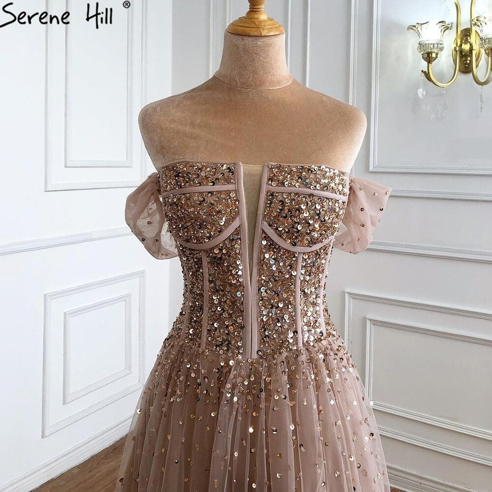 On Sale no return no refundDubai Red A-Line Sexy Sleeveless Evening Dresses 2025 Off Shoulder Beading Sparkle Formal Dress LA70545