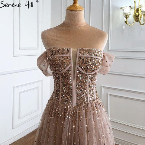 On Sale no return no refundDubai Red A-Line Sexy Sleeveless Evening Dresses 2025 Off Shoulder Beading Sparkle Formal Dress LA70545