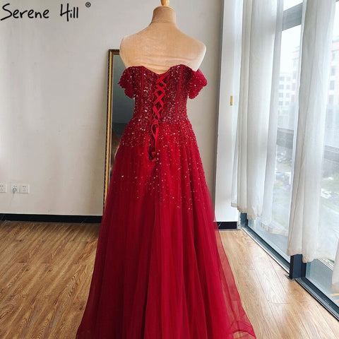 On Sale no return no refundDubai Red A-Line Sexy Sleeveless Evening Dresses 2025 Off Shoulder Beading Sparkle Formal Dress LA70545