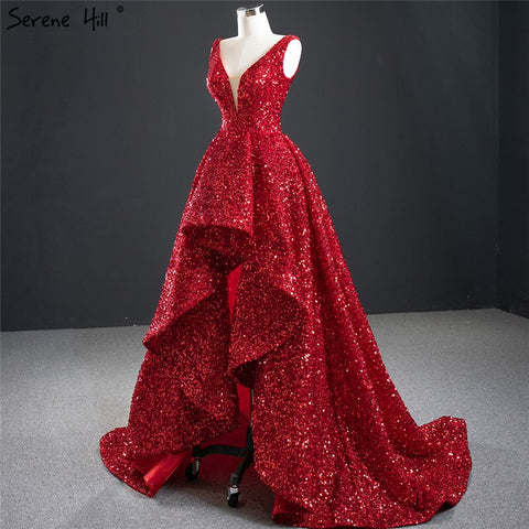 Vestido de noche sexy de lujo Dubai Red Deep V 2025, sin mangas, con lentejuelas, asimétrico, formal HM67126 