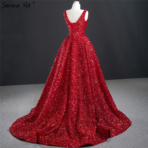 Vestido de noche sexy de lujo Dubai Red Deep V 2025, sin mangas, con lentejuelas, asimétrico, formal HM67126 