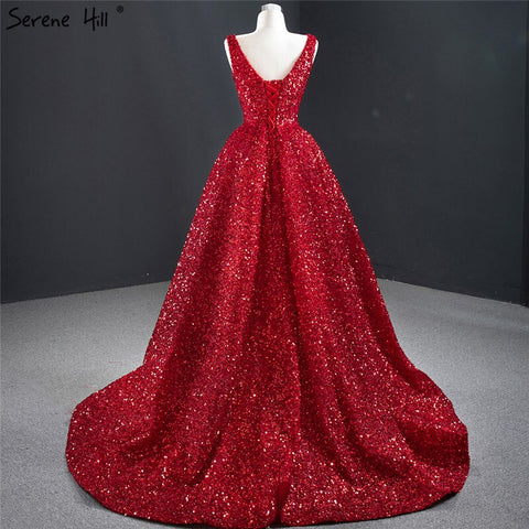 Vestido de noche sexy de lujo Dubai Red Deep V 2025, sin mangas, con lentejuelas, asimétrico, formal HM67126 