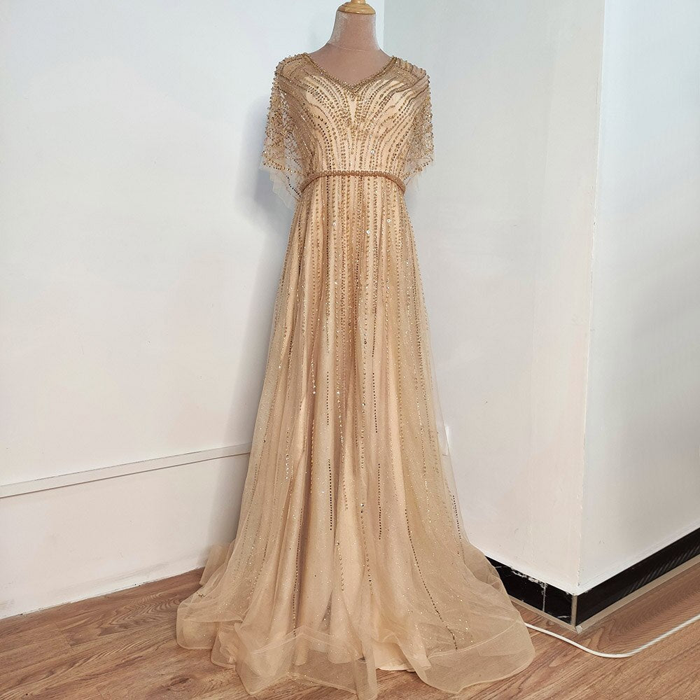 Dubai Red Luxury A-Line Sexy Evening Dresses 2025 Half Sleeves Beading Crystal Formal Dress Design Real Photo LA70458