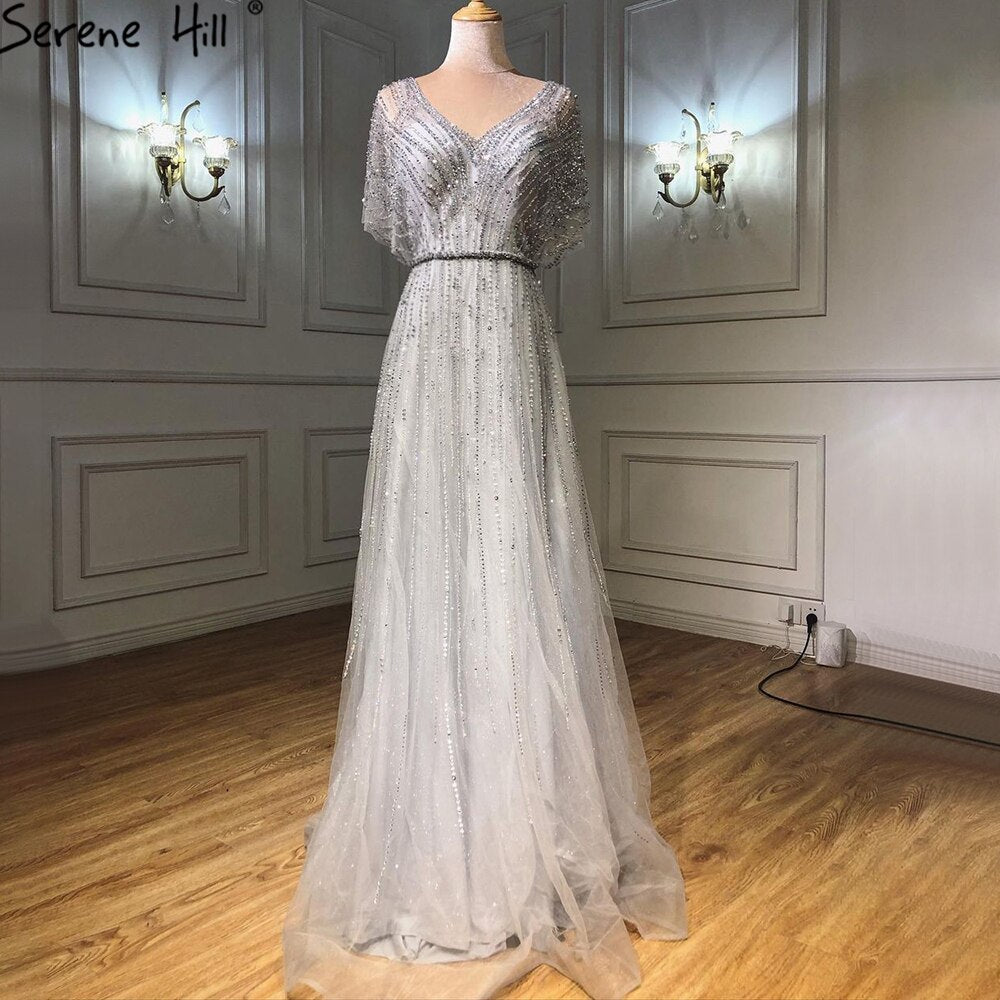 Dubai Red Luxury A-Line Sexy Evening Dresses 2025 Half Sleeves Beading Crystal Formal Dress Design Real Photo LA70458