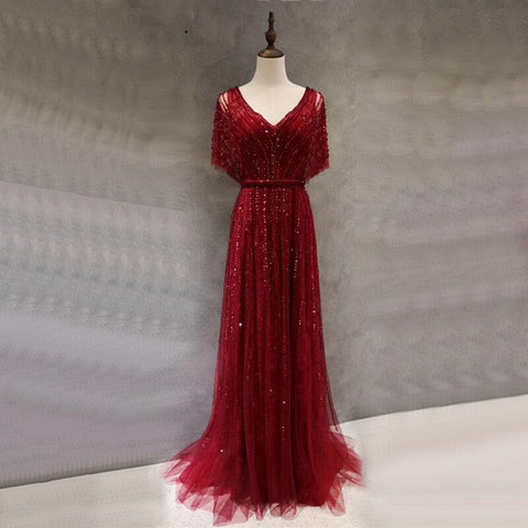 Dubai Red Luxury A-Line Sexy Evening Dresses 2025 Half Sleeves Beading Crystal Formal Dress Design Real Photo LA70458
