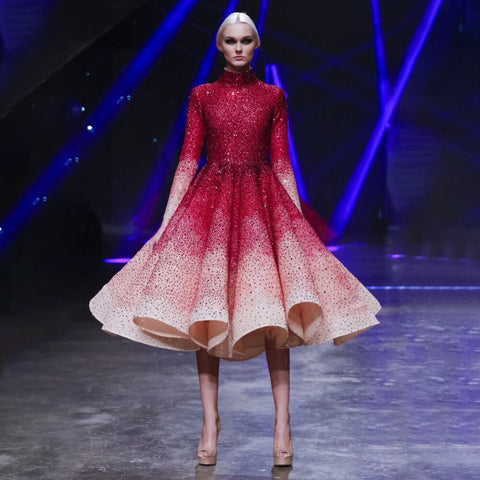 Vestidos de novia rojos de lujo de alta gama con lentejuelas, mangas largas, cambio gradual, vestidos de novia Dubái 2025 LA71799 