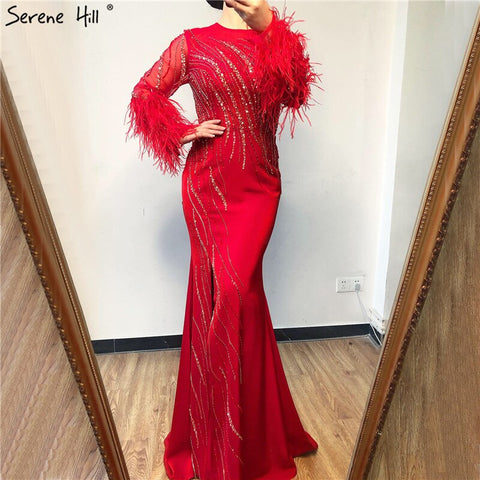 On Sale no return no refundSale Dubai Red O-Neck Sequined Beading Evening Dressese Feathers Long Sleeves Mermaid Formal Dress 2025 LA70379