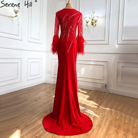 On Sale no return no refundSale Dubai Red O-Neck Sequined Beading Evening Dressese Feathers Long Sleeves Mermaid Formal Dress 2025 LA70379