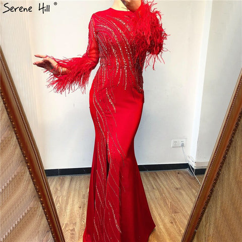 On Sale no return no refundSale Dubai Red O-Neck Sequined Beading Evening Dressese Feathers Long Sleeves Mermaid Formal Dress 2025 LA70379