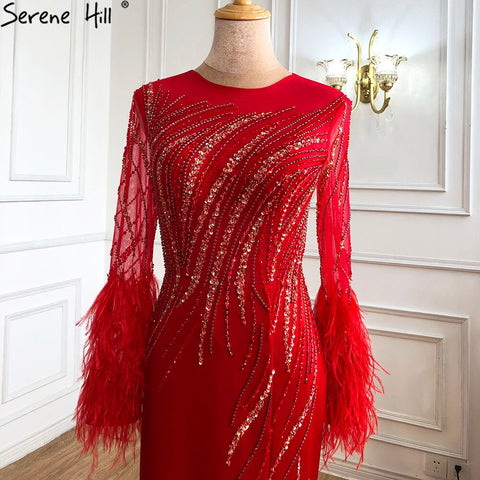 On Sale no return no refundSale Dubai Red O-Neck Sequined Beading Evening Dressese Feathers Long Sleeves Mermaid Formal Dress 2025 LA70379