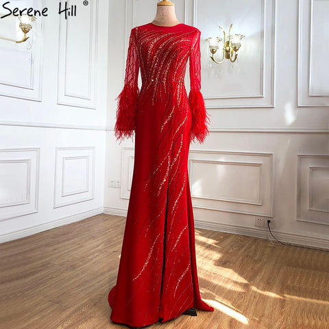 On Sale no return no refundSale Dubai Red O-Neck Sequined Beading Evening Dressese Feathers Long Sleeves Mermaid Formal Dress 2025 LA70379