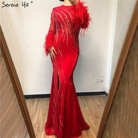 On Sale no return no refundSale Dubai Red O-Neck Sequined Beading Evening Dressese Feathers Long Sleeves Mermaid Formal Dress 2025 LA70379