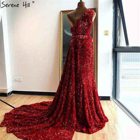 Dubai Red One Shoulder Sexy Evening Dresses 2025 Mermaid Beading Sequins Luxury Formal Dress LA70297