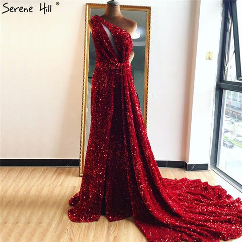 Dubai Red One Shoulder Sexy Evening Dresses 2025 Mermaid Beading Sequins Luxury Formal Dress LA70297