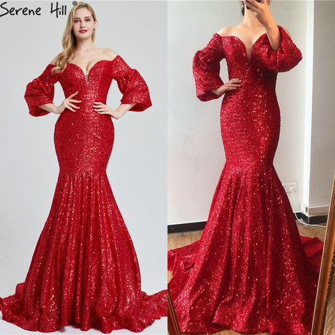 En oferta. Sin devoluciones ni reembolsos. Vestidos de noche sexys con lentejuelas rojas y hombros descubiertos, último diseño 2025, estilo sirena, mangas largas, vestidos de noche de lujo LA60993 