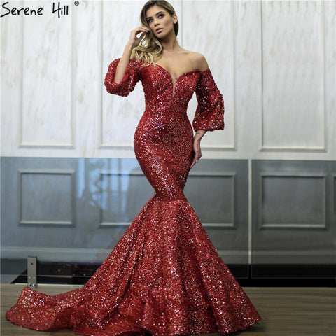 En oferta. Sin devoluciones ni reembolsos. Vestidos de noche sexys con lentejuelas rojas y hombros descubiertos, último diseño 2025, estilo sirena, mangas largas, vestidos de noche de lujo LA60993 