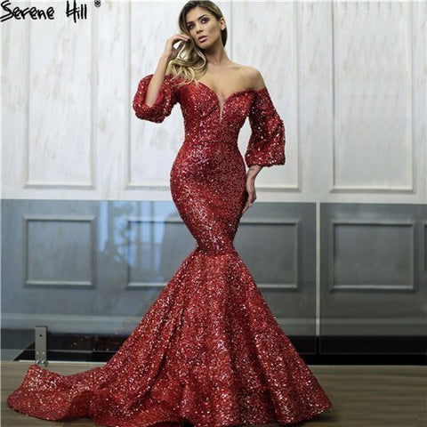 En oferta. Sin devoluciones ni reembolsos. Vestidos de noche sexys con lentejuelas rojas y hombros descubiertos, último diseño 2025, estilo sirena, mangas largas, vestidos de noche de lujo LA60993 