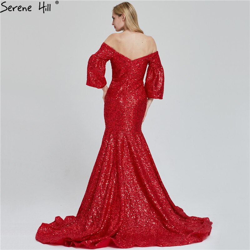On Sale No Return No Refund Sale Dubai Red Sequined Off Shoulder Sexy Evening Dresses 2025 Latest Design Mermaid Long Sleeves Luxury Evening Gowns LA60993