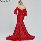 On Sale No Return No Refund Sale Dubai Red Sequined Off Shoulder Sexy Evening Dresses 2025 Latest Design Mermaid Long Sleeves Luxury Evening Gowns LA60993