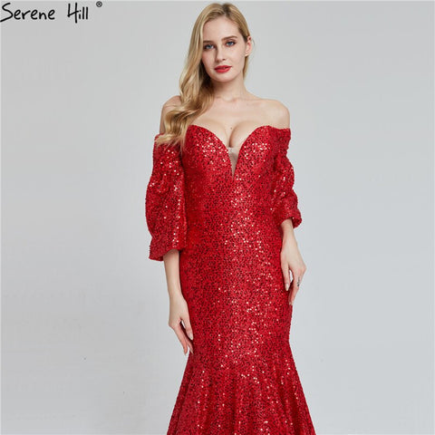 En oferta. Sin devoluciones ni reembolsos. Vestidos de noche sexys con lentejuelas rojas y hombros descubiertos, último diseño 2025, estilo sirena, mangas largas, vestidos de noche de lujo LA60993 