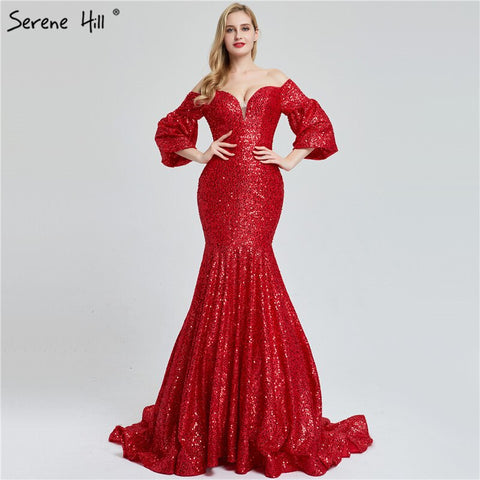 En oferta. Sin devoluciones ni reembolsos. Vestidos de noche sexys con lentejuelas rojas y hombros descubiertos, último diseño 2025, estilo sirena, mangas largas, vestidos de noche de lujo LA60993 
