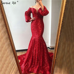 On Sale No Return No Refund Sale Dubai Red Sequined Off Shoulder Sexy Evening Dresses 2025 Latest Design Mermaid Long Sleeves Luxury Evening Gowns LA60993
