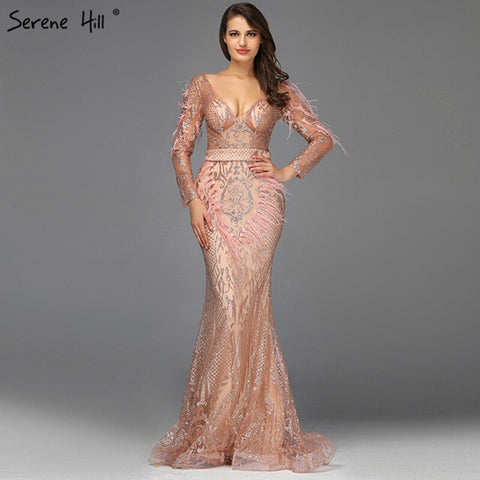 On Sale No Return No Refund Sale Dubai Rose Gold Mermaid Sexy Evening Dresses 2025 Luxury Feathers Beading Sparkle Formal Dress LA60902